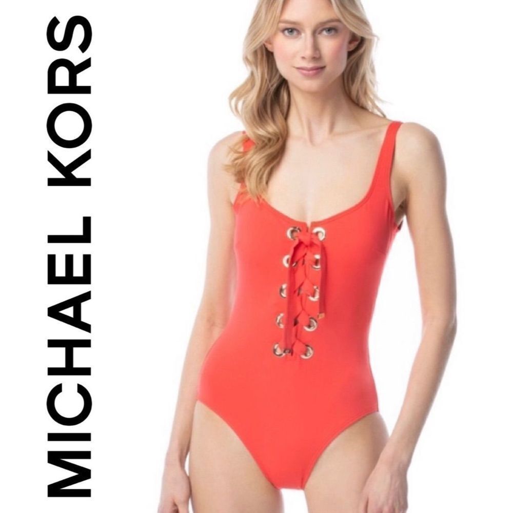 NEW-Michael Kors Mimosa Orange Lace Up Swimsuit One Piece Size 10